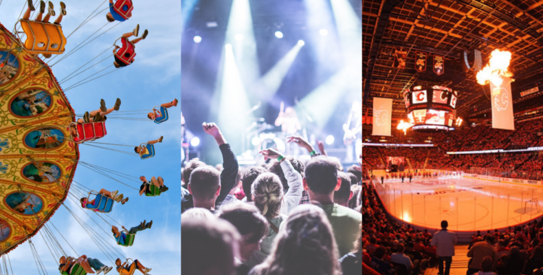 Look forward - collage of concert, restaurant, amusement park
