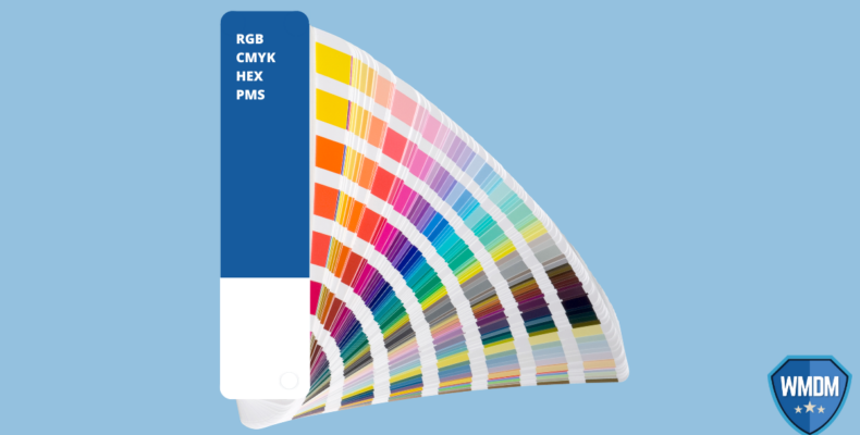 RGB CMYK HEX and PMS. Colour palette book over blue background.