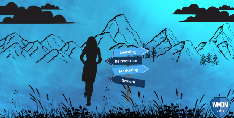 Marketing Agency - Blue background with mountains and woman standing by direction signs.